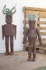 Set Of 2 Metal Robot Planters Large 14" X 9" X 37"T Small 16.5" X 7.5" X 31"T