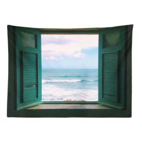 Window Seascape Wall Art Backdrop Tapestry Bedroom Dorm Bedside Wall Fake Window Green Window Tapestry Decor,59x51 inch