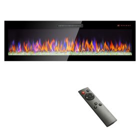 60 inch recessed ultra thin tempered glass front wall mounted electric fireplace with remote and multi color flame & emberbed, LED light heater