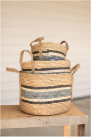 Set Of Three Stripe Round Rush Baskets (Color: Blue)