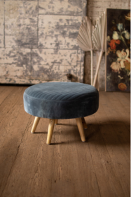 Velvet Ottoman With Wooden Legs (Color: Steel Blue)