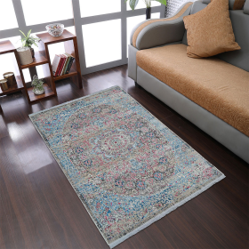 Rugsotic Carpets Machine Woven Crossweave Polyester Area Rug Oriental (Color: Beige Blue, size: 4'x5'11'')