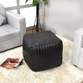 Solid Handmade Goat Leather Square Pouf (Recycled Cotton Fill) (Color: Black1, size: 14x14x14)