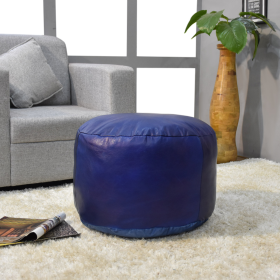 Solid Handmade Goat Leather Round Pouf (Recycled Cotton Fill) (Color: Blue, size: 21x21x12)