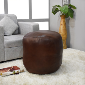 Solid Handmade Goat Leather Round Pouf (Recycled Cotton Fill) (Color: Brown1, size: 18x18x18)