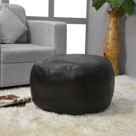 Solid Handmade Goat Leather Round Pouf (Recycled Cotton Fill) (Color: green, size: 21x21x12)