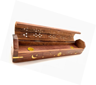 Celestial Wood Incense And Cone Burner, Ash Catcher With Storage (size: 12")