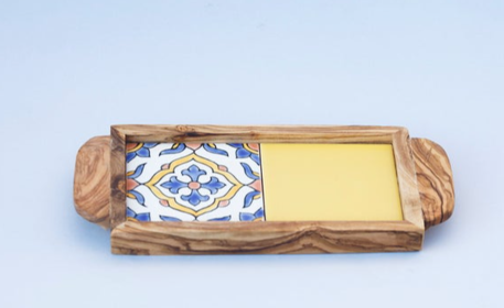 Olive wood with Ceramic Tiles and ergonomic hands Serving Tray (Color: Alhambra, size: large)