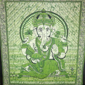 Ganesha Holding Lotus Flower In Batik Style Tie Dye Tapestry (Color: green, size: 90 x 80)