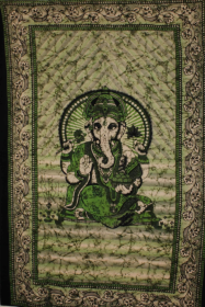 Ganesha Holding Lotus Flower In Batik Style Tie Dye Tapestry (Color: green, size: 80 x 55)