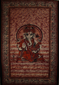 Red Ganesha Holding Lotus Flower In Batik Style Tie Dye Tapestry (Color: yellow, size: 90 x 80)