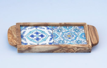 Olive wood with Ceramic Tiles and ergonomic hands Serving Tray (Color: Sidi Bou, size: medium)