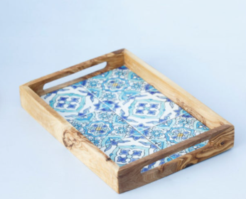 Olive wood with Ceramic Tiles and ergonomic hands Serving Tray (Color: Sidi Bou, size: large)