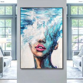 Hand Painted Oil Painting Abstract Portrait Wall Art Hand painted-Nordic Light Blue Girl Oil Paintings On Canvas-Hand Made-For Home Decoration (size: 50X70cm)