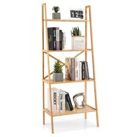 Living Room 4-Tier Bamboo Ladder Display Shelf Storage Rack Plant Flower Stand (Color: As pic show)